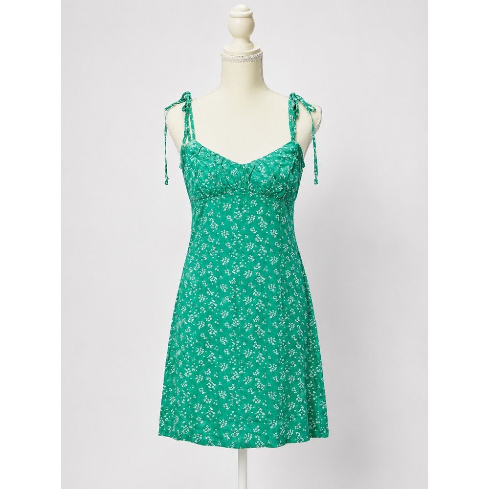 Euro Summer Coquette Rayon Tie Shoulder Teal Floral Sundress Womens Size XS